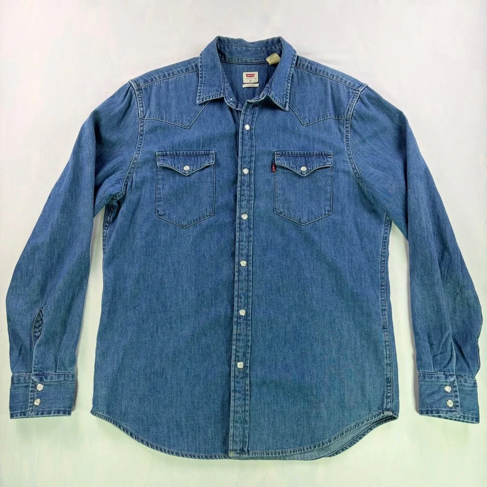 Levi's Standard Western Denim Shirt Mens M Medium Wash Pearl Snap Cowboy Fit